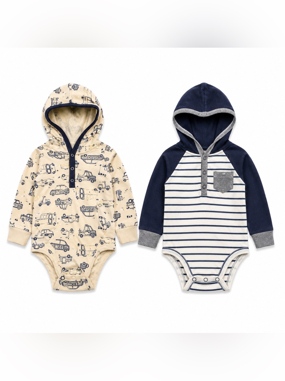 Carter's Baby Boy Hooded Bodysuit 2 Pack 12M Navy Stripe Cars One Piece Set
